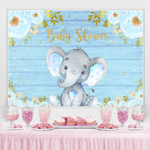 Blau Blumen Und Elefant Holz Baby Dusche Hintergrund